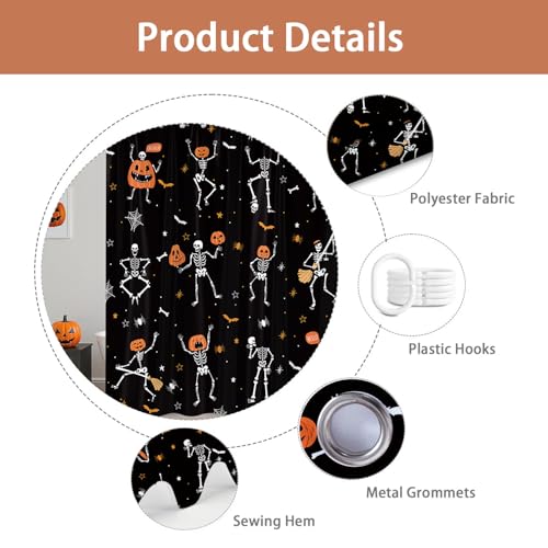 Funny Gothic Halloween Shower Curtain - Skeleton, Pumpkins, Black & White, Waterproof, 72x72 Inches with 12 Hooks - Kids Bathroom Decor