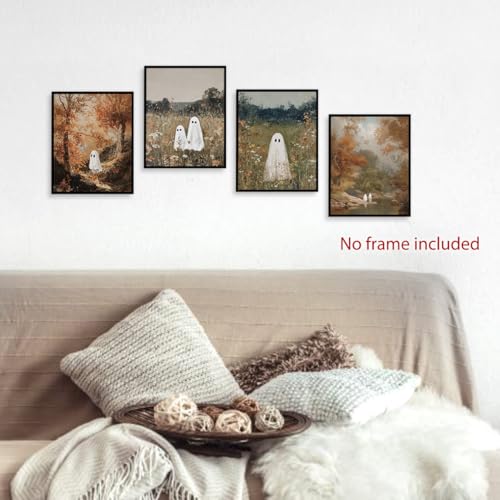 Ghost Wall Art Prints Set of 4 - Vintage Floral Halloween Fall Farmhouse Unframed 8x10in White & Black