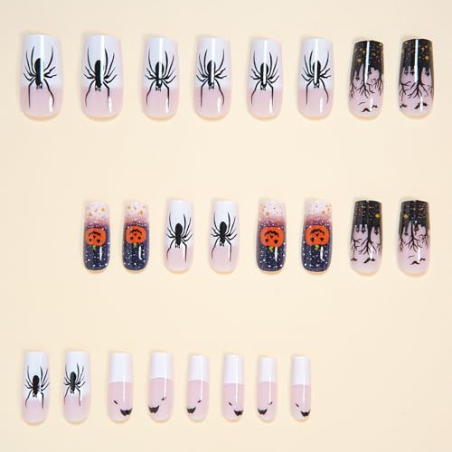 Halloween Press On Nails Full Cover 24Pcs Pumpkin Spider Bat Glitter Design with Glue - Medium Square