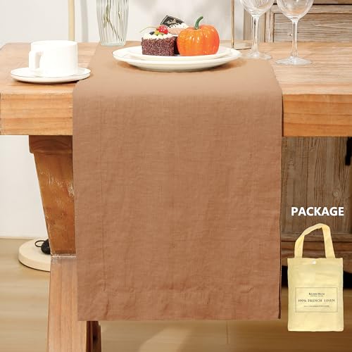French Linen Table Runner 14x108 Inches - Macchiato, Machine Washable, Elegant Fall & Wedding Decor