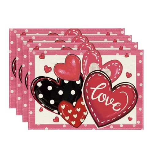 Pink Valentine's Dot Hearts Love Placemats Set of 4 - 12x18 Inch Rectangular Table Mats
