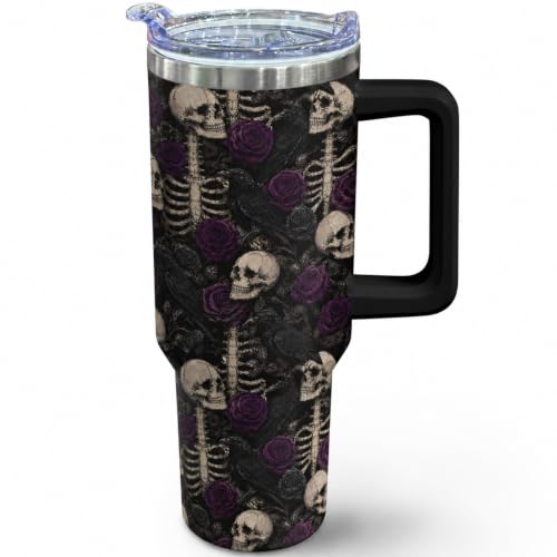 Purple Skull Halloween Tumbler 40oz Insulated Stainless Steel with Handle & Straw