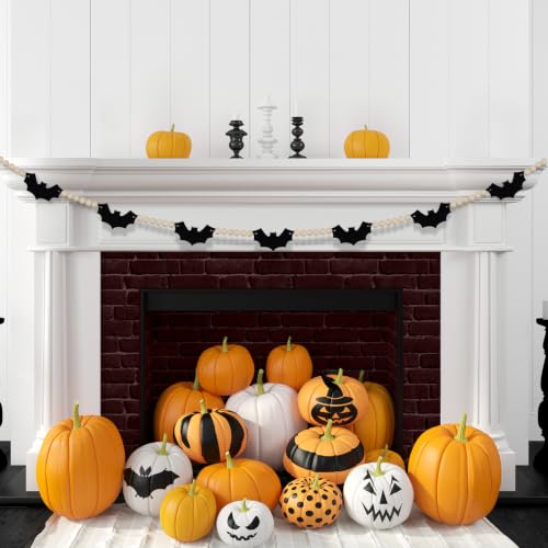 Halloween Felt Bat Garland with Wood Beads - Mantel Decor, Spooky Rustic Halloween Decoration - Bat Variation
