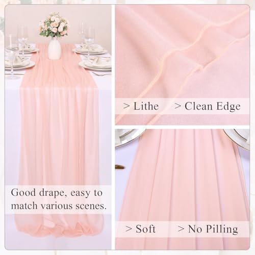 Peach Pink 10FT Chiffon Table Runner for Wedding & Party Decor - Boho Rustic Sheer Fabric