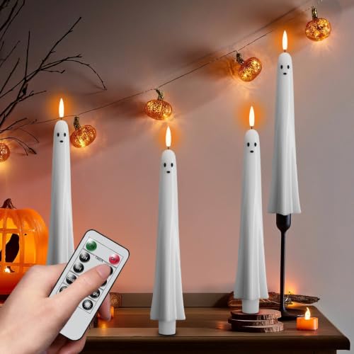 4Pack Flameless Ghost Taper Candles with Remote Control - Flickering Battery Operated Halloween Decor