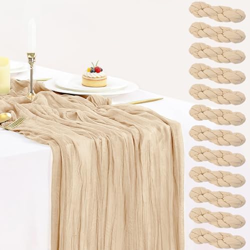 Champagne Cheesecloth Table Runner Set - 12 pcs 35x120 Inches, Boho Wedding Decor
