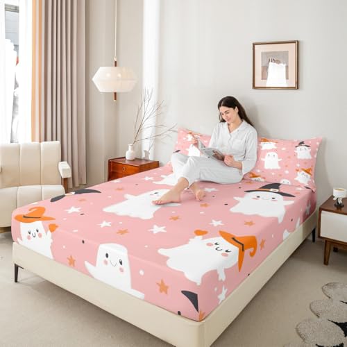 Feelyou Pink Halloween Fitted Sheet Twin Size for Boys & Girls - Variation: Pink White