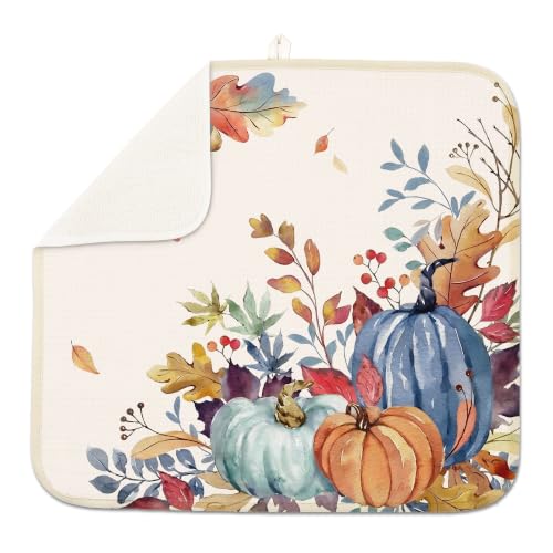 Fall Pumpkin Leaves Dish Drying Mat 16x18 Inch Kitchen Counter Decor