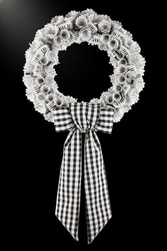 Black White Plaid Wreath Sash - Halloween Modern Wedding Party Bow Ribbon - Black White Variation
