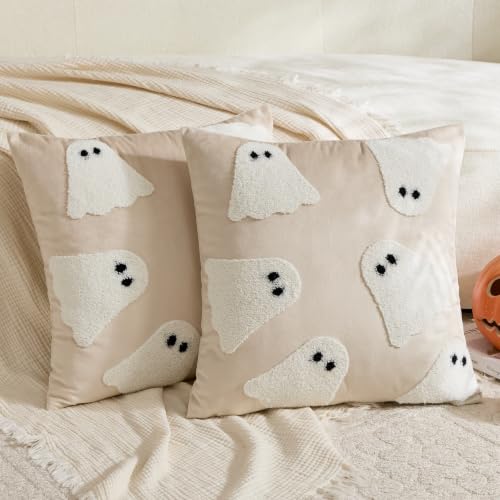 Halloween Pillow Covers 16x16 Inch Set of 2 Embroidered Ghost Decor Beige