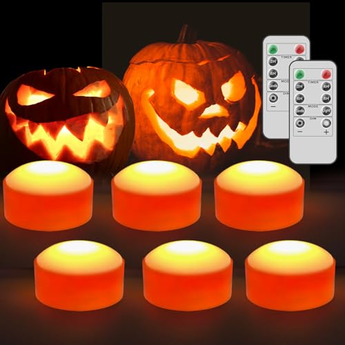 6 Pack Halloween LED Pumpkin Lights with Remote & Timer - Flickering Flameless Jack-O-Lantern Candles