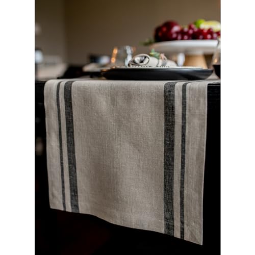 Pure Linen Table Runner Black & Natural French Stripe 14x48 Inches - Handcrafted