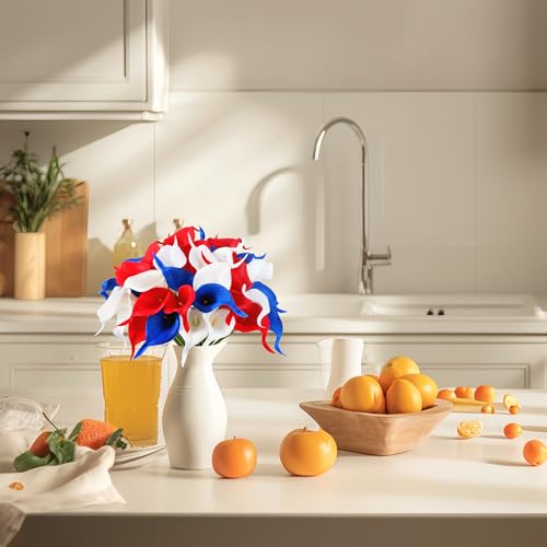 Artificial Calla Lily Flowers 24 Pcs for 4th of July Decorations - White, Red, Blue