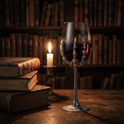 Gothic Skeleton Skull Wine Glass with Bone Hand Base - Dark Decor Variation E