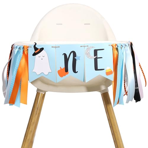 Halloween Ghost First Birthday Banner for Boys - Spooky Baby Party Decor, Blue Ghost Celebration Flag