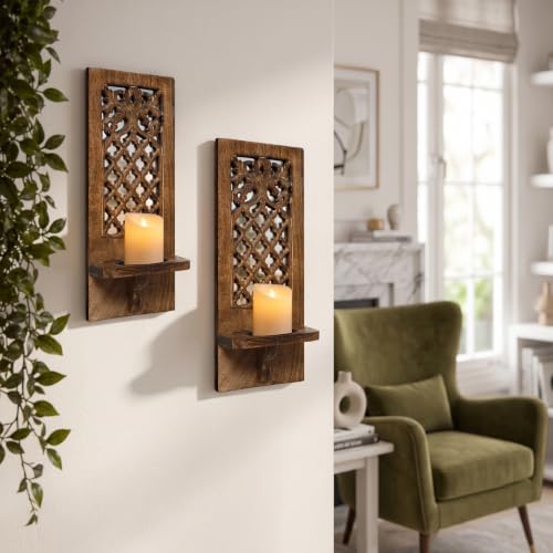 16 Inch Jharokha Wooden Candle Sconce with Mirror, Rustic Burnt Finish - Pack of 2