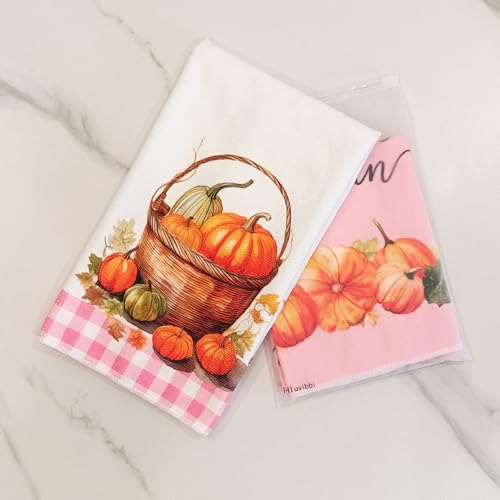 Pumpkin Pink Fall Kitchen Towels Decor Set of 2 - Autumn Dish Hand Towels