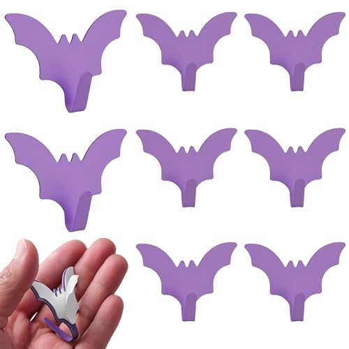 Bat Wall Hooks - 8-Pack Purple Adhesive Iron Hooks for Keys, Bags, Towels, Clothes