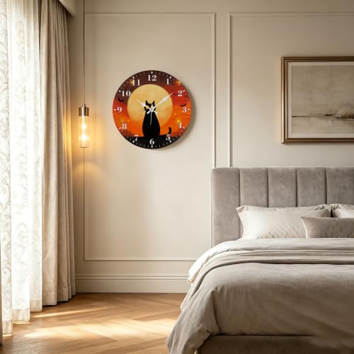 12-Inch Silent Wall Clock - Halloween Cat & Full Moon Design - Home Decor