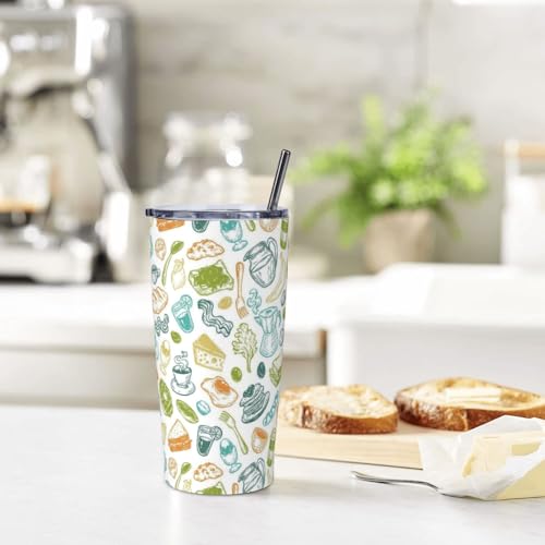 Green White Morning Breakfast Pattern 20oz Stainless Steel Travel Mug with Straw