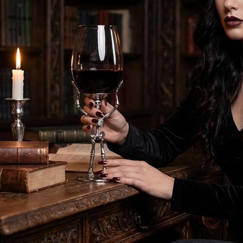 Gothic Skeleton Skull Wine Glass - Bone Hand Chalice with Clear Glass - 2 Pack - Variation 2C