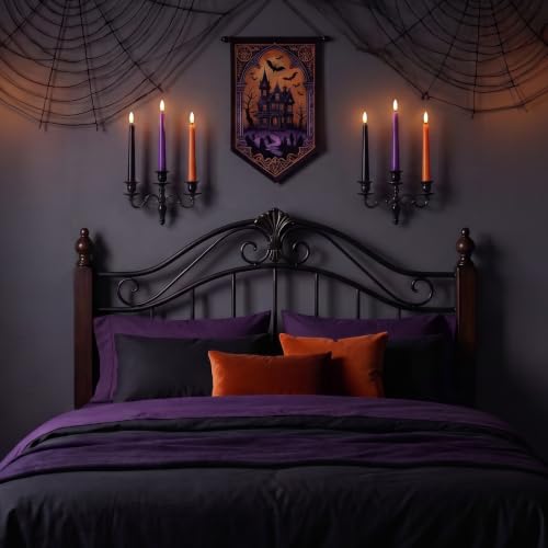 Halloween Flameless Taper Candles Set - Black, Burnt Orange & Purple, 6 Pack