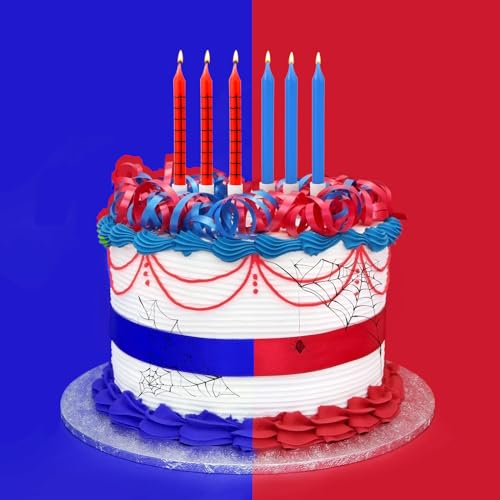 Spider Web Birthday Candles Set - 12 Red & Blue Cake Toppers for Halloween & Parties