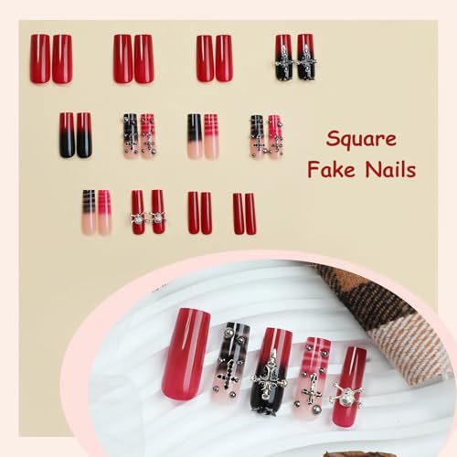 MISUD Long Square Press On Nails with Cross Design - Goth Red Black, 24 pcs + Glue - Variation 020A00Red&Black