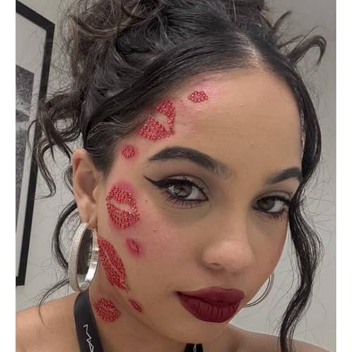Red-Pink Kiss Face Gems Self-Adhesive Face Stickers for Makeup & Rave