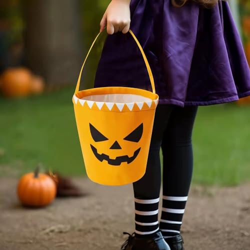 Halloween Trick or Treat Canvas Buckets - Castle & Pumpkin Face, Reusable Snack Baskets, 2 Pcs