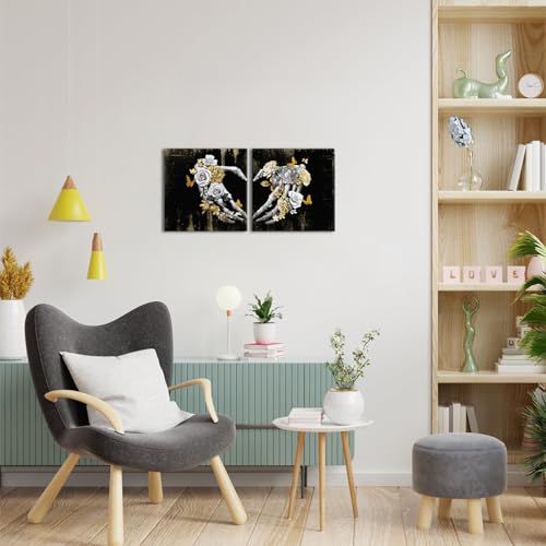 Small Gothic Skull Heart Wall Art Set - Black Gray Gold Framed Artwork for Gothic Decor