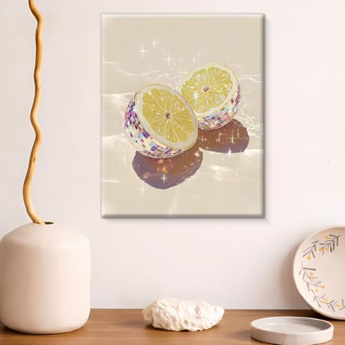 Disco Ball Lemon Slice Canvas Wall Art - Modern Citrus Kitchen Decor - Variation of Lemon-06