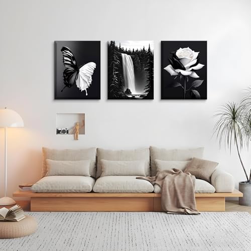 Black and White Butterfly and Flowers Wall Art - Ready to Hang Landscape Decor