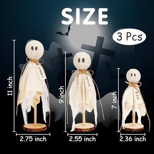Set of 3 Rustic Wooden Ghost Halloween Decorations for Centerpiece and Mantel