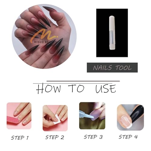 MISUD Long Stiletto Fake Nails with Goth Red Black Ombre - 24 pcs with Nail Glue - Variation 10512Red&Black
