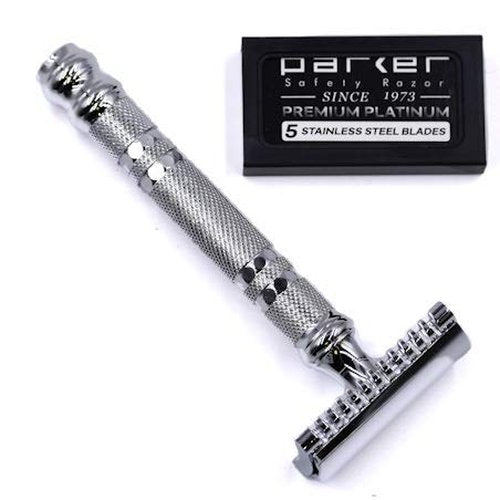Parker Open Comb Double Edge Safety Razor – Heavyweight Chrome Handle for Closer Shaves – Includes 5 Razor Blades – Ideal for Men with Thick or Coarse Beards (24C-Chrome)