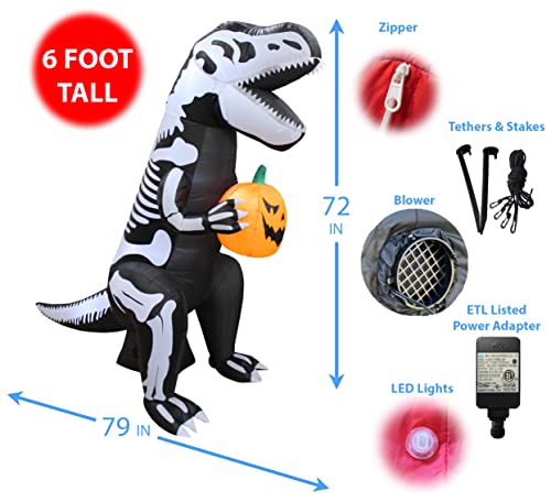 6 Ft Tall Inflatable Skeleton Dinosaur T-Rex Halloween Decoration with Pumpkin Lights