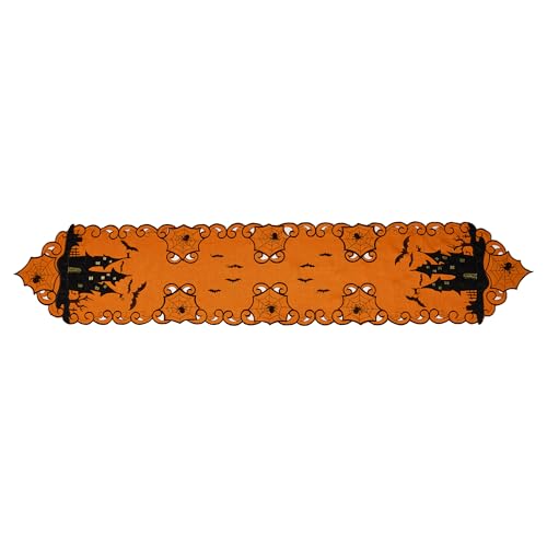 Halloween Table Runner 13x69 Inch Embroidered Spooky Bats & Spiders Decor