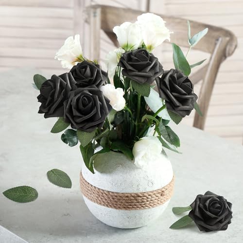 Black Artificial Roses - 50 Pcs Fake Foam Roses for Wedding & Party Decor - Gothic Halloween Centerpieces & DIY Bouquets
