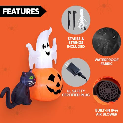 Halloween Inflatable Ghost with Pumpkin and Black Cat - Lighted Yard Decor - 5FT Outdoor Halloween Decoration - White, Orange & Black