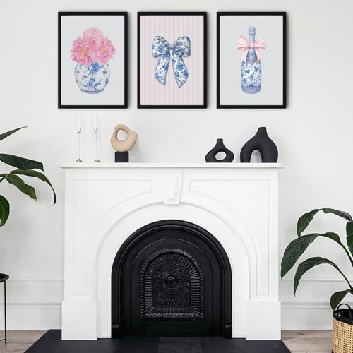 Black Framed Blue Pink White Flower Canvas Wall Art Set - 12x16 Inch, Chinoiserie Style