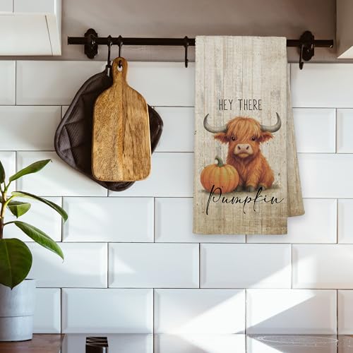 Fall Highland Cow Pumpkin Kitchen Towels - Farmhouse Dish Hand Towel, 16x24in, Cow Variation