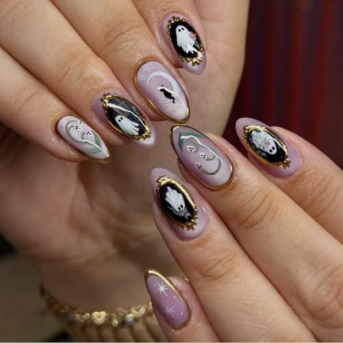 Halloween Press On Nails Set - Medium Almond Fake Nails with Ghost Skull Cat Moon Design, Glitter, Style11