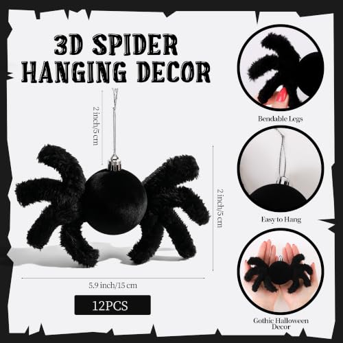 Halloween Spider Tree Decorations Set - 12 Black Fluffy Ornaments for Holiday Decor