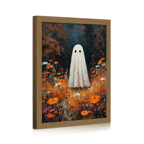 Ghost Flowers Fall Wall Art Canvas - Framed Autumn Forest Halloween Decor 8x10 Inch