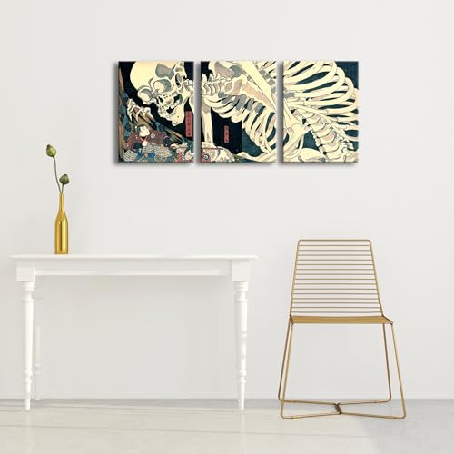 Witch and Skeleton Ukiyo-E Canvas Wall Art Set - 12x16 Inches Unframed - Home Decor