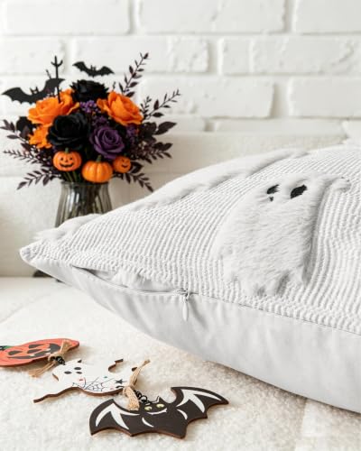 Halloween Faux Rabbit Fur Pillow Covers 18x18 - Ghost & Boo Design, Pack of 2 - Ghost White Variation