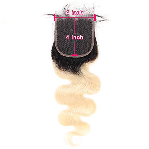 Forawme 1B/613 Ombre Blonde Brazilian Body Wave Closure Human Hair 4X4 14 Inch 100% Remy Hair Bleached Knots Pre Plucked Lace Closure Hair Pieces