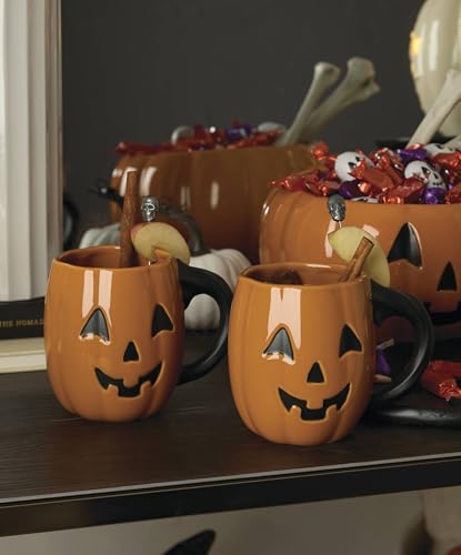 Halloween Pumpkin Mug Set - 4 Porcelain Figural Mugs, 20oz, Spooky Halloween Decor