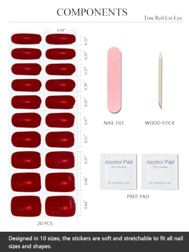 Semi Cured Gel Nail Strips - True Red Cat Eye, 20 Pack Salon Quality